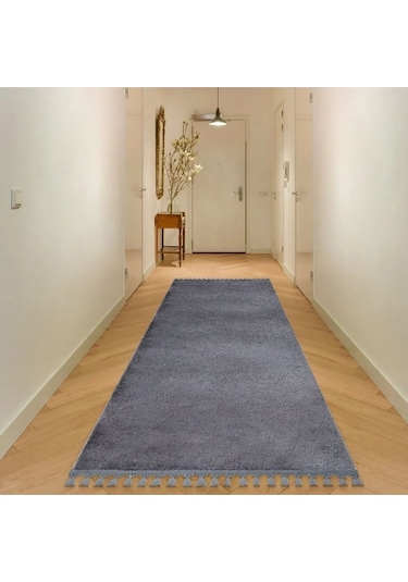 Comfort Ponpon Saçaklı Peluş Halı Antrasit Antrasit Ponpon Saçaklı