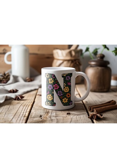 N Baş Harf Çiçek Desenleri İle Natural Tarz Kupa Bardak - Kişiye Özel Çiçekli Kahve Çay Bardak - Beyaz