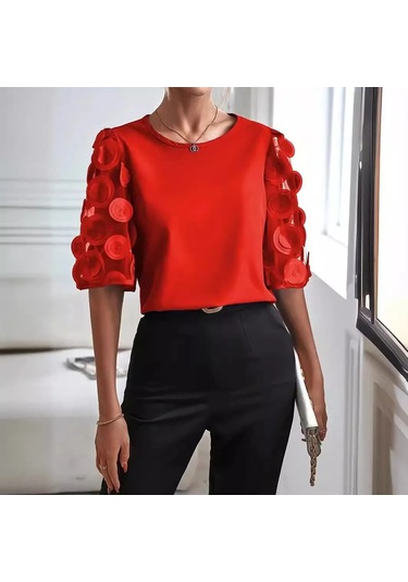 Anatoliadelight Kadın Dantel Uzun Kollu Bluz - Yaz Ve Sonbahar Moda Gömlek Kırmızı L