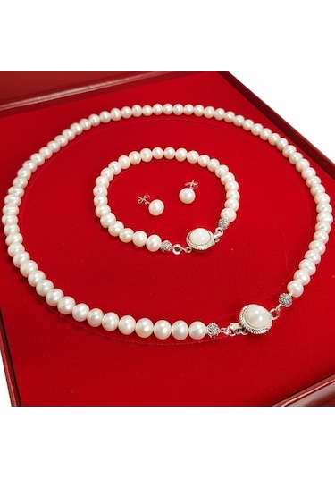 Chavin Doğal Inci Kolye Küpe Bileklik Özel Kutulu Set Ct83