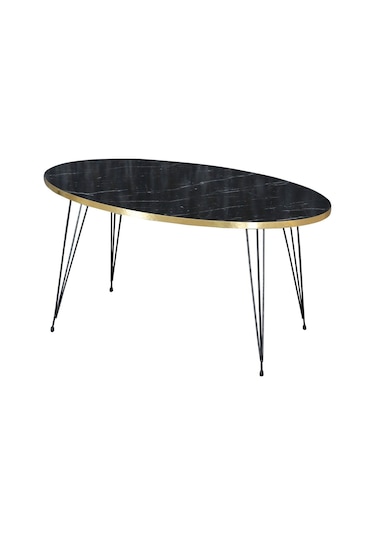 Orta Sehpa Elips Siyah Ayak Altın Bendir Tel Siyah Mermer Desen