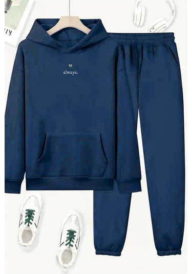 Unisex Lacivert Always Baskılı Eşofman Kapüşon- Kışlık Şardonlu Kumaş Lacivert