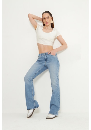 Kutaf Mavi Düşük Bel Jeans Mavi