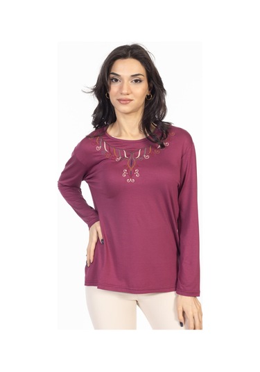 Yeni Model 2024 Nakış İşlemeli Yuvarlak Yaka Likralı Anne Penye Bluz 6450-gül Kurusu