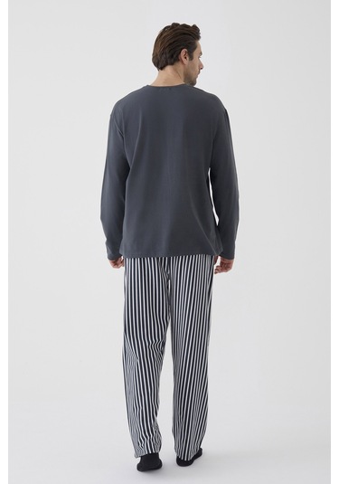 Erkek Pamuklu Uzun Kollu Üst Astronot Baskılı Alt Çizgili Pijama Takımı Ke30106 Gri - Beyaz