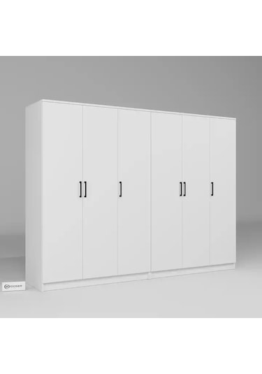 Kardelen Serisi Mat Beyaz 6 Kapaklı 10 Raflı 240 Cm Elbise Dolabı - Gardırop Seti Beyaz