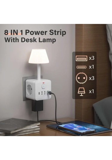 Xuweiwei Beyaz Avrupa Standart Fisli 8li 1 Arada Duvara Monte Priz Masa Lambali Asiri Gerilim Korumali Anahtrli 3 Ac Priz 3 Usb 1 Type C 220 240v