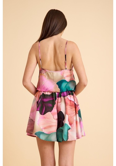 Paradise Sklamen İnce Askılı, Şortlu Pijama Takım Desenli