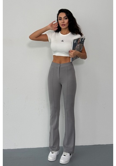 Krep Kumaş Likralı Önü Çimalı Kahverengi Kadın Palazzo Pantolon Gri