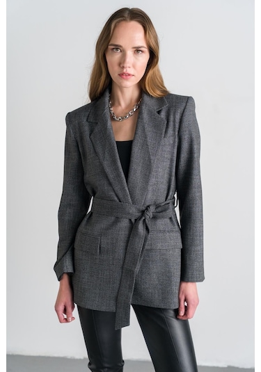 Nauvè Gri Belden Bağlamalı Kruvaze Blazer Ceket Bordo