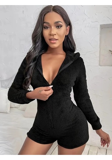 Munn Collection Kadın Uzun Kollu Kapişon Ve Fermuar Detaylı Peluş Şort Tulum Siyah