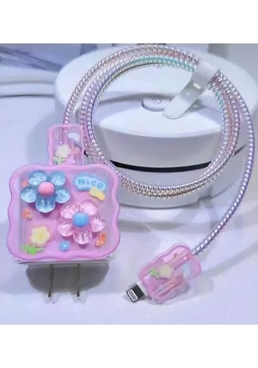 Iphone 18w/20w Uyumlu Şarj Kablosu Ucu Ve Şarj Başlığı Kılıfı Çiçekler