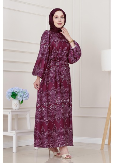 Balon Kol Saten Adel Elbise-mürdüm-5235 Mürdüm