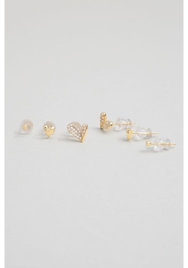 Love 18 Ayar Sarı Altın Kaplama Gümüş Çoklu Küpe Sarı