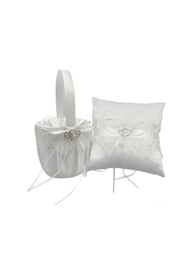 Konesam Beyaz Saten Dantel İşlemeli Yüzük Yastığı Ve Çiçek Sepeti - Şık Düğün Aksesuarı Yeşil