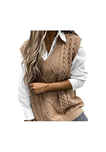 Saf Renk Kolsuz Kazak Yelek Sıcak Trendy Büküm Örme Kadın Yelek Günlük Giyim İçin Haki