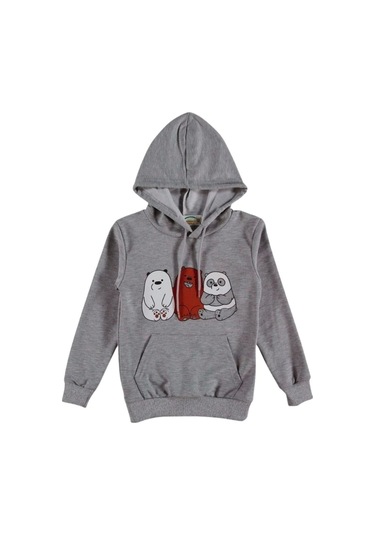 Kız Çocuk Gri Renk Panda Baskılı Over Fit Kanguru Cepli Kapüşonlu Sweatshirt Gülkurusu