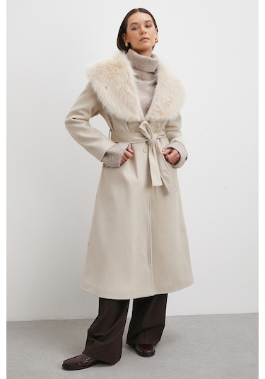 Kürk Yaka Kuşaklı Kaşe Kaban Bej Bej