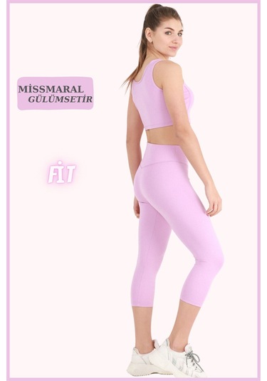 Kadın Kapri Tayt Diz Altı Lila Yüksek Bel Toparlayıcı Dar Paça Karyoka Dikiş Detaylı Capri 1020 Lila