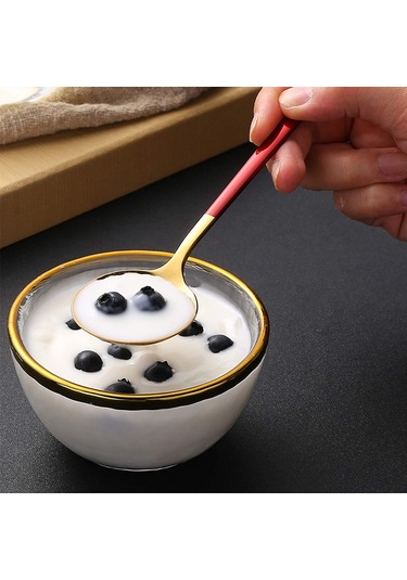 Kosona Portekiz 304 Çelik Copper+kırmızı Uzun Saplı Dolgulu Büyük Yuvarlak Servis Kaşığı - Tatlı/kahvaltı/西餐 Ütensili 1 Adet Altın