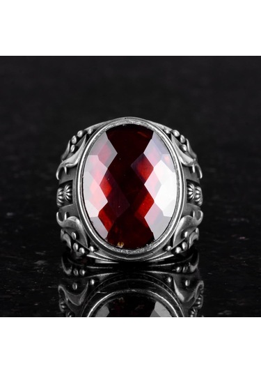 Yapılmış Taş Yüzük, 925 Ayar Gümüş Yüzük, Tasarım Gümüş Erkek Yüzüğü Yapılmış Granat Taşı Gümüş