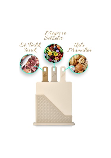4'lü Tezgah Üstü Standlı Kulplu Kesme Tahtası - Çoklu Doğrama Tahtası Ekmek Sebze Et Kesim Panosu Bej