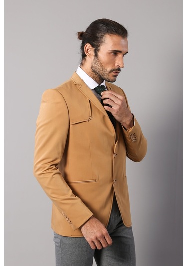 Çift Düğmeli Omuz Parçalı Mono Yaka Sarı Ceket - Wessi Sarı