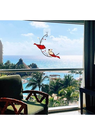 Pazly Ve Süsü Renkli Pencere Kuş Figürü - Kardinal Geeroyoo Cam Bahçe Dekoru - Db