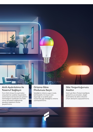 Fonri Akıllı Ampul 3'lü Set 9W Titreşimsiz 16.7 Milyon Renk, Sesli Kontrol, Wifi Kontrol, Garantili