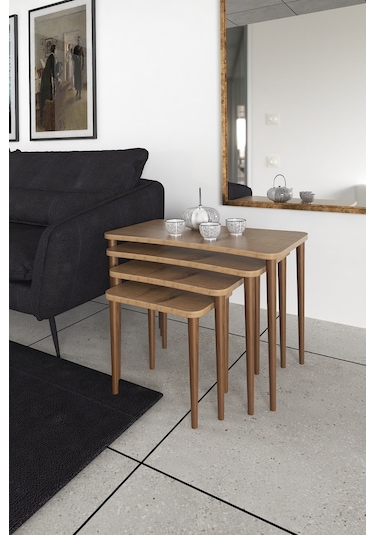 Zuesse Dizayn Selena Zigon Sehpa Ahşap Ayaklı Ceviz Salonseti Sehpası 4 'Lü