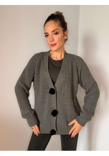Ali Butik Antrasit Gül Motif Detaylı Triko Hırka Antrasit