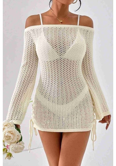 Angelsin Örme Yanlardan Büzgülü Uzun Kollu Plaj Elbisesi Pareo Krem 001