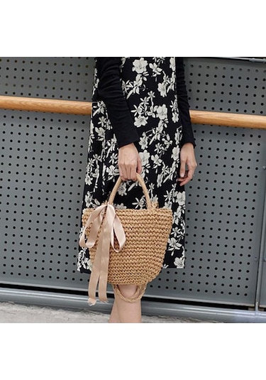 Kahve & Siyah Yogodlns El Yapımı Hasır Çanta Kurdelalar Ilmek Plaj Örgü Çanta Tote 32cm 26cm