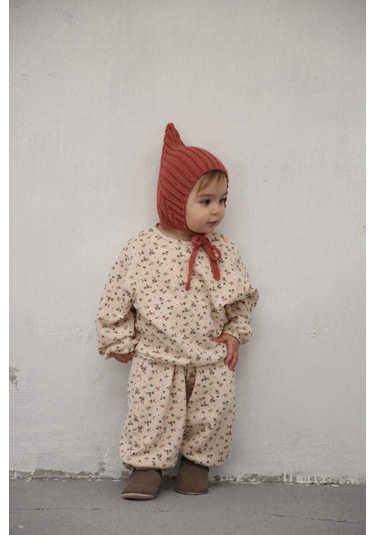 Renkli Çiçek Baskılı Dantelli Şalvar Takım Bej