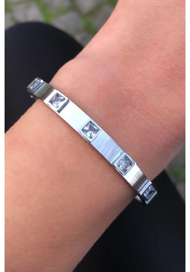 Gümüş Renk Baget Taşlı Çelik Kelepçe Gümüş