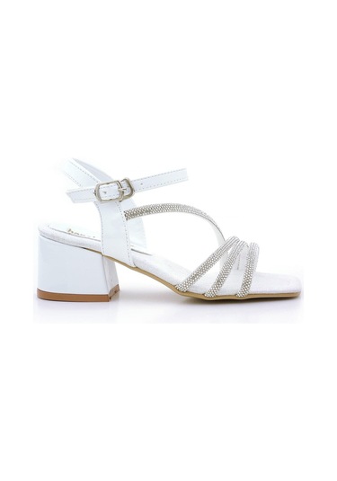 Moana Beyaz Taş Detaylı Kız Çocuk Topuklu Abiye Ayakkabı Beyaz