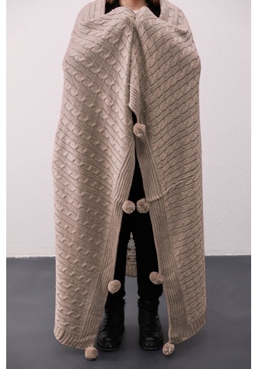 Biocotton Triko Ponponlu Örgü Tv Battaniyesi - Vizon