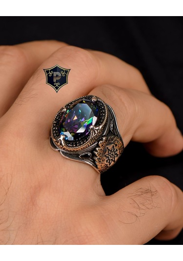 Prestij Gümüş 925 Ayar Gümüş Mistik Topaz Taşlı Zirkon Taş Süslemeli Erkek Yüzüğü