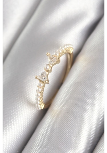 Pirinç Zirkon Taşlı Kurdele İnci Detay Kadın Yüzük Gold Renk Çok Renkli