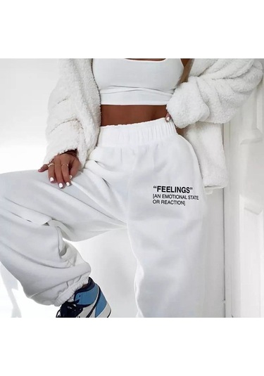 Eşofman Altı - Beyaz Baskılı Lastik Paça Yüksek Bel Lastik Bel Beyaz