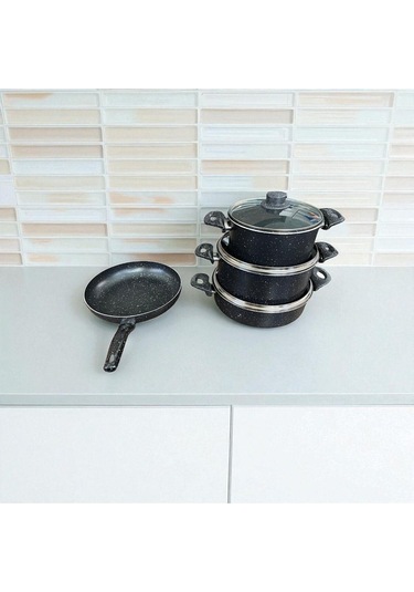 Enashop 7 Parça Granit Tencere Seti 20-24-26-26 Cm Yanmaz Yapışmaz Tava + Derin/sığ Tencere Çeyizlik Siyah