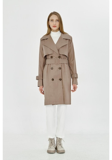 Pastelastore Esnek Pamuk Gabardin Midi 95cm Astarsız Kadın Trençkot 1118 Vizon