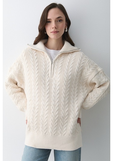 Krem Saç Örgülü Fermuarlı Kazak - 251066 Krem