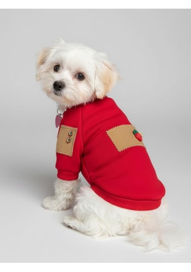 Sevimli Çilek Detaylı Kırmızı Köpek Polar Sweatshirt