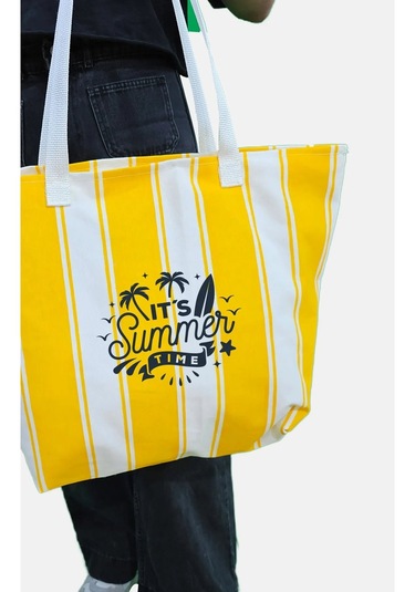 Summer Time Baskılı Ağzı Fermuarlı Kadın Plaj Çantası Çok Renkli