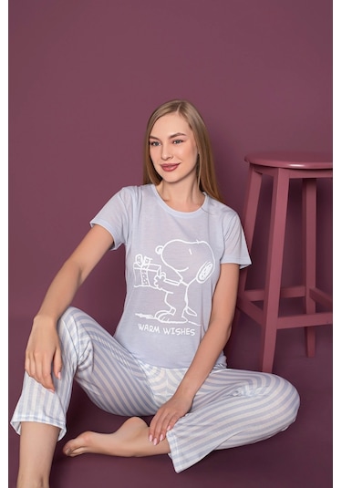 Lukitus Sıfır Yaka Kısa Kol Snoopy Desen Pijama Takımı Mavi