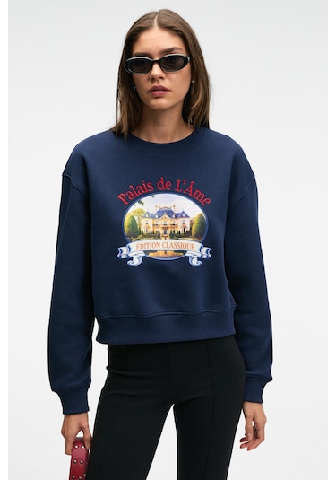 TALMERA Kadın Önü Baskılı Yuvarlak Yaka Lacivert Sweatshirt