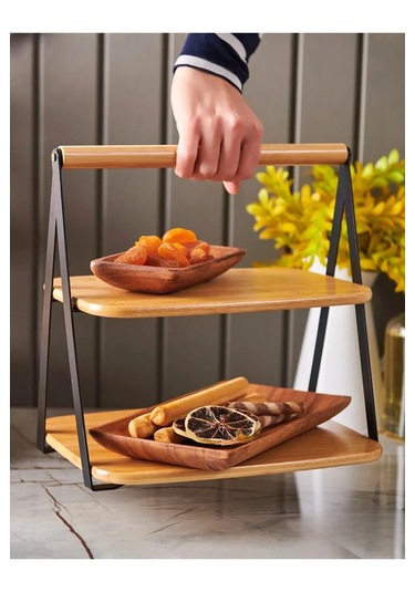Metal Yan Çerçeveli Bambu 2 Katlı Sunumluk Şık Ve Dayanıklı Mutfak Düzenleyici 33,5 Cm Bambu