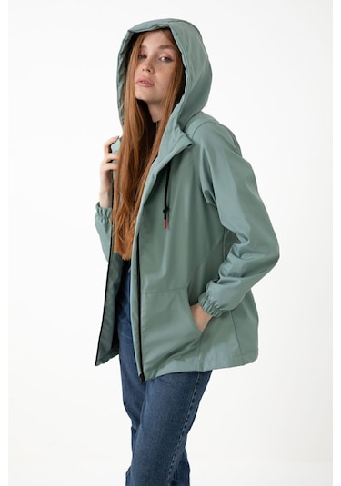 Kadın Mint Yeşil Içi Astarlı Su Geçirmez Ve Rüzgara Dayanıklı Kapüşonlu Cepli Yağmurluk - Rüzgarlık Mint Yeşil Mint Yeşili