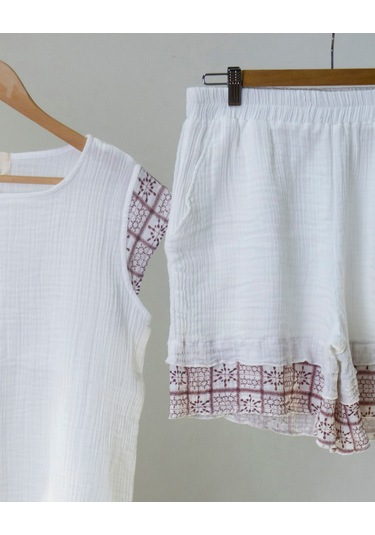 Süper Hafif %100 Pamuk 2 Katlı Müslin Şort - Tişört İkili Takım Pijama Gots Sertifikalı Bordo